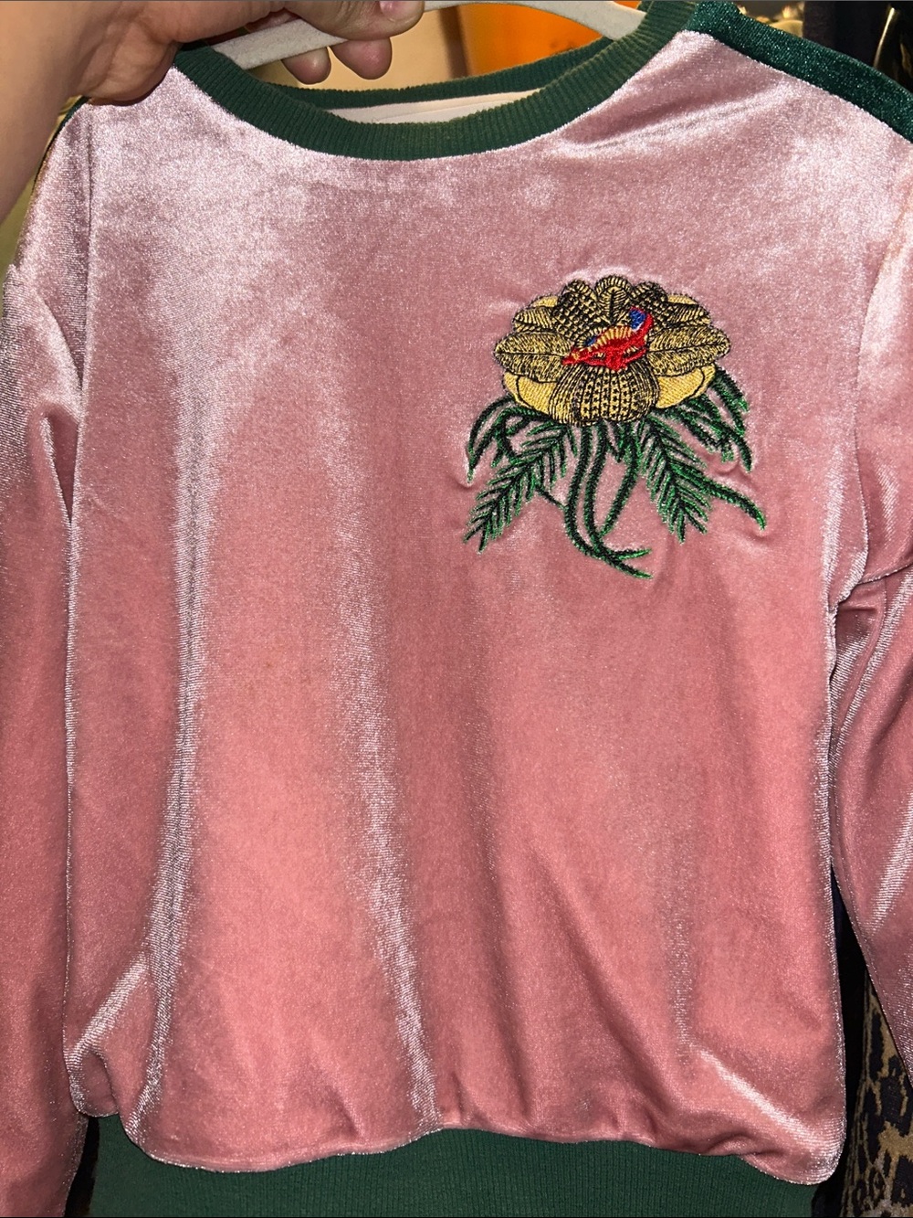 Velvet Pink Embroidered Flower Pullover Sweatshirt - Women Tops
